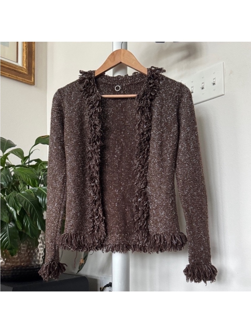 Anthropologie One Girl Who Brown Open Front Knit Fringe Cardigan Sweater Sz S